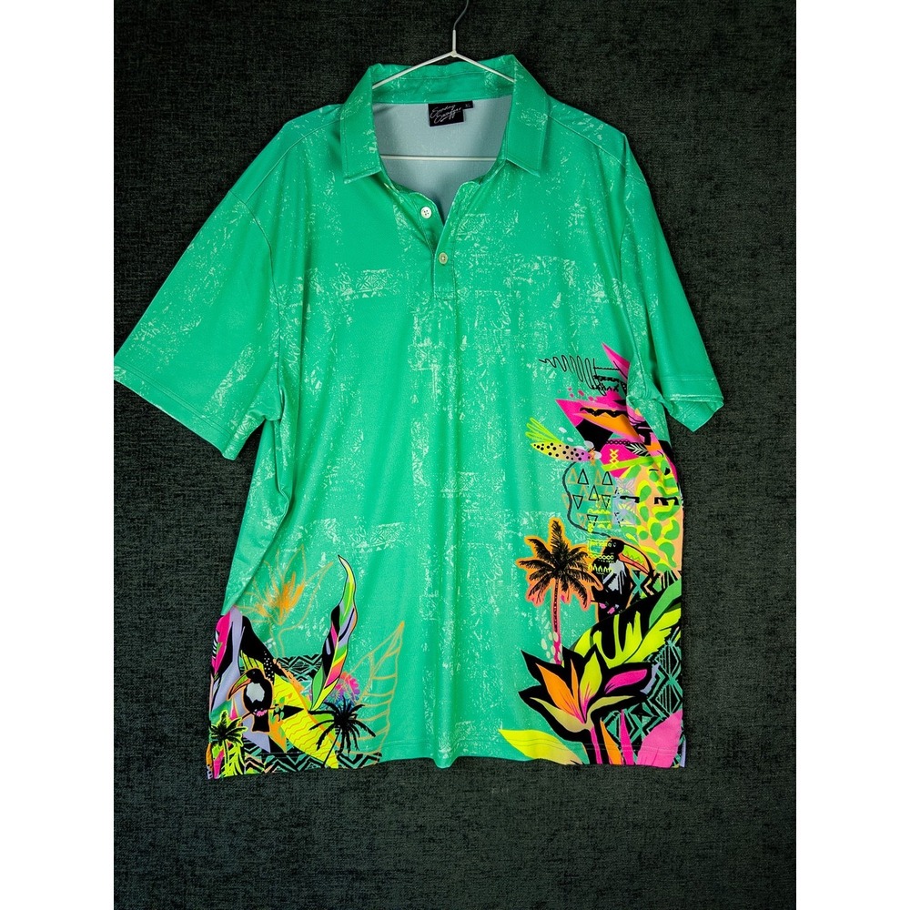 Sunday Swagger Tropical Neon Print Polo Shirt Mens XL Green Stretch Golf Festiva